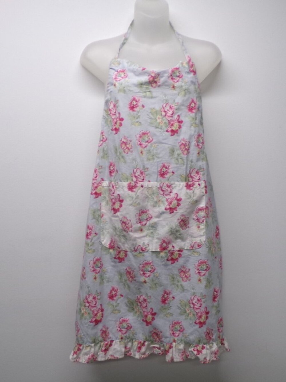 Simply Shabby Chic Rachel Ashwell Blue Pink Floral Cotton Ruffle Apron RARE